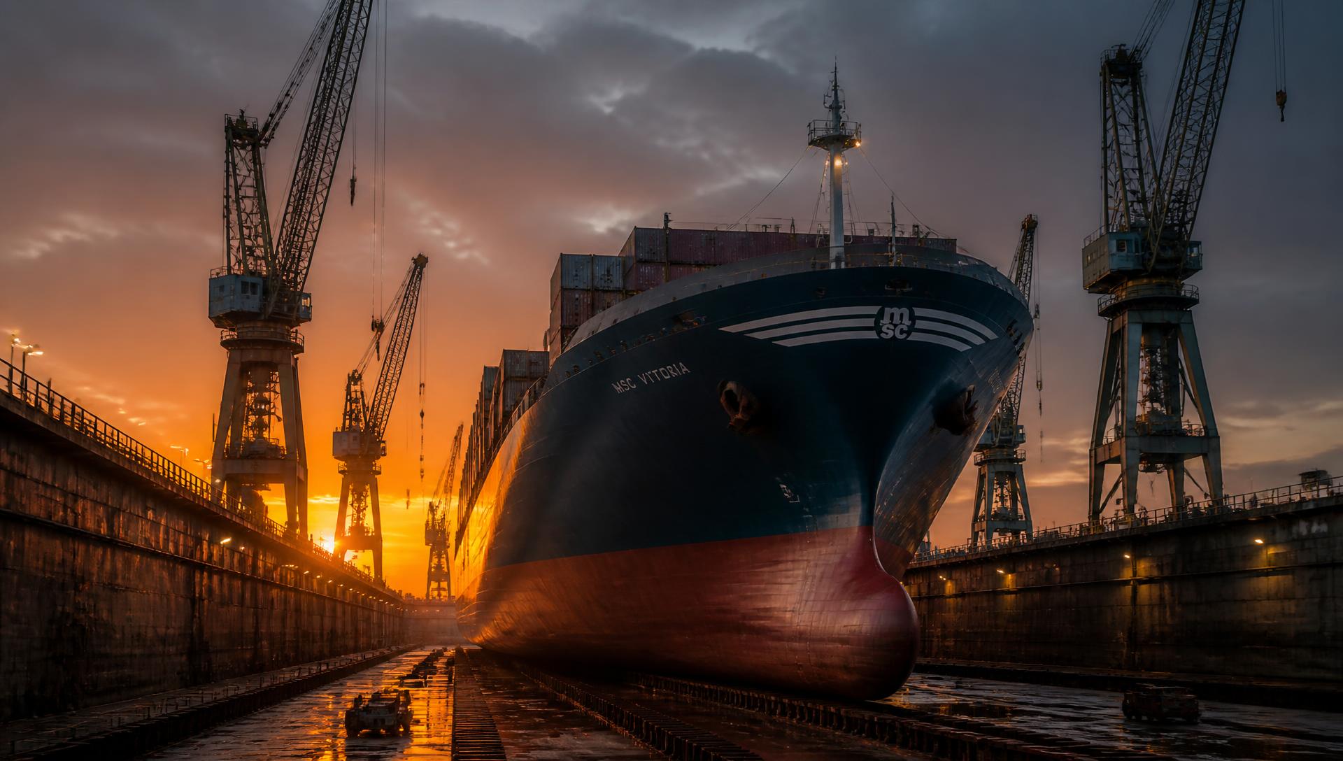 Container vessel in dry dock surrounded by shipyard cranes at sunset