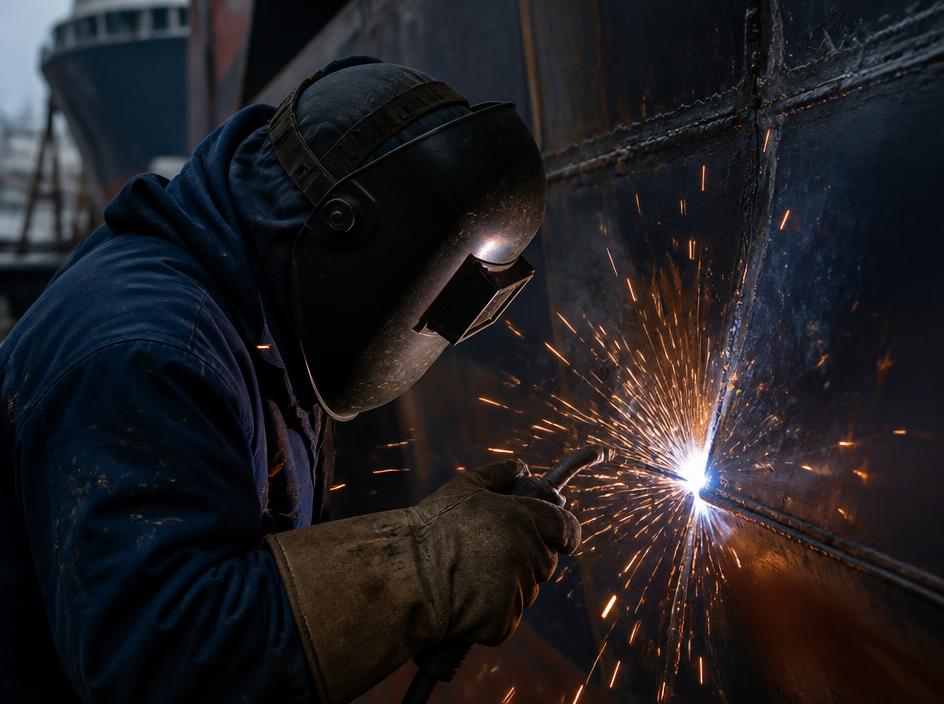 Technician welding ship hull plating with sparks flying